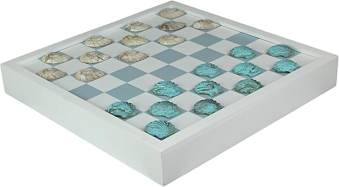Coastal Themed Seashell Checkers Set with Game Board 13 Inches