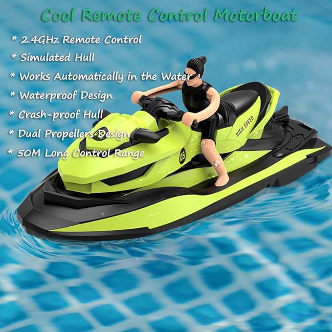 Miracland Remote Control Jet Ski with Driver - High Speed 2.4GHz RC Motorboat Water Toy - Dual Propellers - 2 Speed Levels - 50 Meters Control Range (Blue)