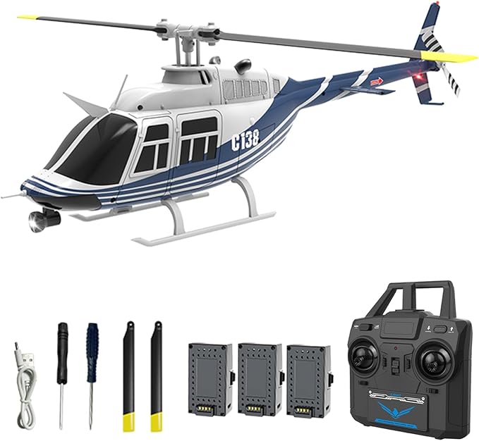 C138 Remote Control Helicopter 1:33 Scale Bell206 Helicopter 2.4G 4CH RTF Single Propeller Aileron Free Optical Flow Positioning Six-axis Gyroscope Stabilization Gift for Adults (3 Battery)