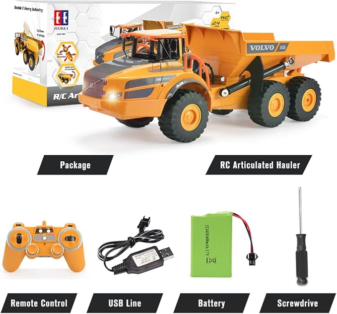 DOUBLE E Volvo RC Dump Truck Toy for Kids Articulated Hauler Remote Control Construction Toys Vehicles with Lights Birthday Gifts Ideas for Boys Age 6 7 8 9 10 Year Old and up