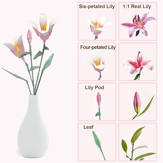 Lily Flower Kit for Adults Artificial Flower Bouquet Set Mini Building Bricks for Gifts/Home Decor Botanical Collection (Pink)