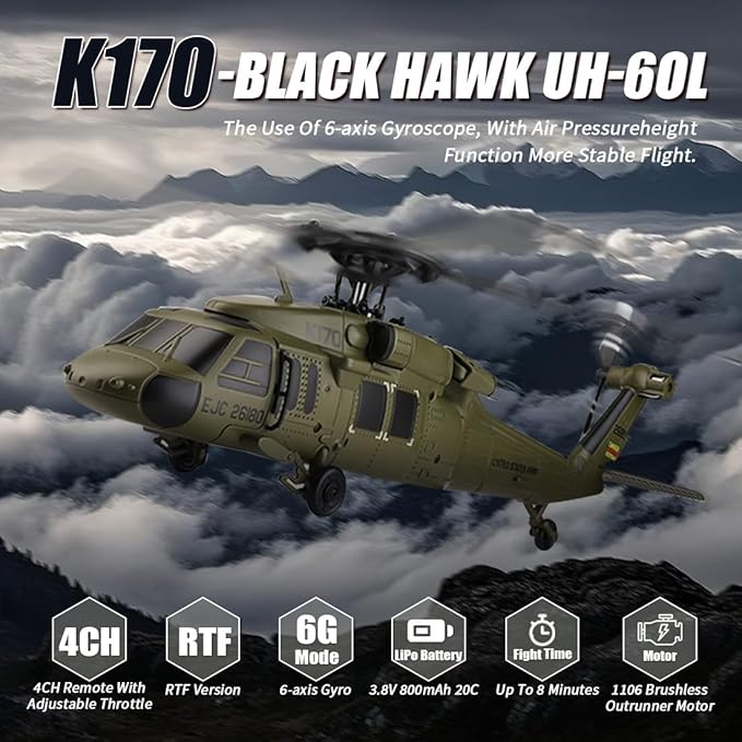 WL K170 RC Helicopter Model BK Hawk UH-60L 170 Size 4CH Flybarless Helicopter with Adjustable Left and Right Hand Throttle (RTF Version)