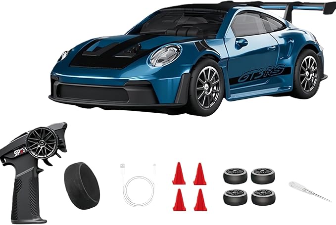 1/43 Scale Alloy RC Drift Car with Adjustable Gyroscope 2.4G 4WD 2 Driving Modes RC Racing Car with LED Lights Desk Racer Model for Hobbyist