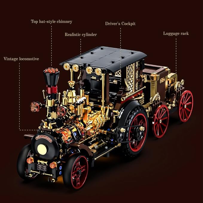 Retro Mechanical Steam Car Building Block Set MOC Classic Car Kit Supercar Toy Model Adult Building Block Car Collector Set (1-1)