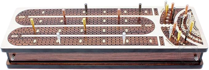 House of Cribbage - Continuous Cribbage Board/Box Inlaid in Maple/Rosewood : 4 Track - Side Drawers with Score Marking Fields for Skunks Corners and Won Games