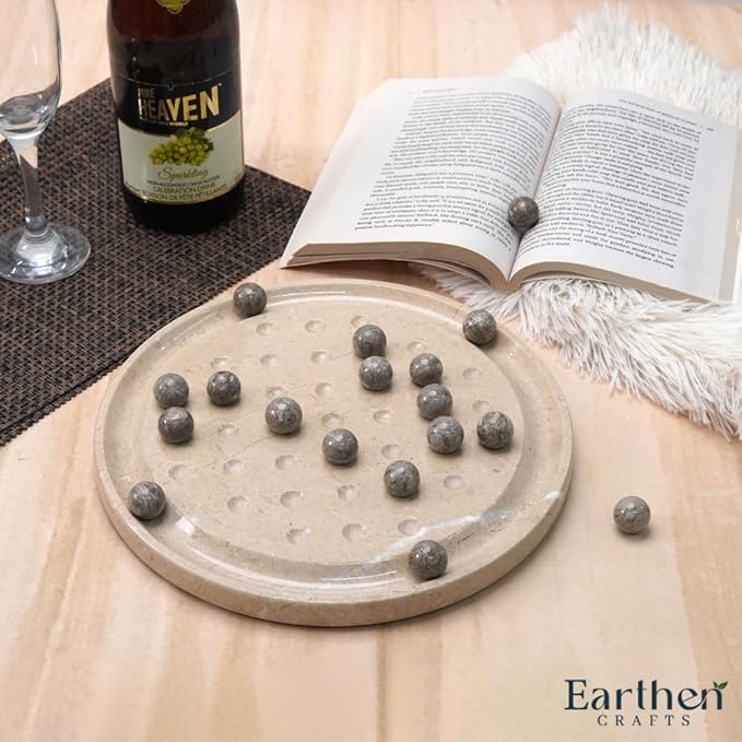 Marble Peg Solitaire Board Game 10 Inches Beige One Player Game Brain Teaser Puzzle with Oceanic Balls Tabletop Game for Family Only