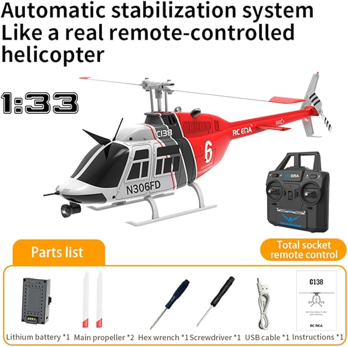 RC ERA C138 1/33 Scale 206 Helicopter for Adult 2.4G 6CH No Aileron Helicopter with Altitude Hold and Optical Flow Positioning 1 Battery (RTF Version/Red&ampBlack&ampWhite)