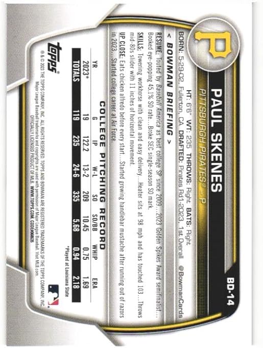 PAUL SKENES 2023 Bowman Draft 1st #BD-14 Baseball Rookie Card RC Pittsburgh Pirates