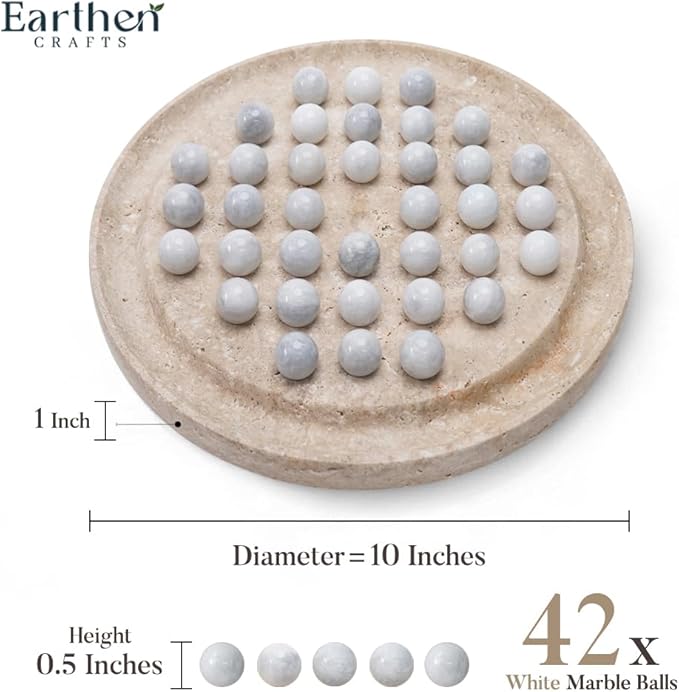 Marble Solitaire Board Game 10 Travertine Mind Game with 42 White Marble Balls Classic Puzzle Game for Family Modern Tabletop Brain Teaser