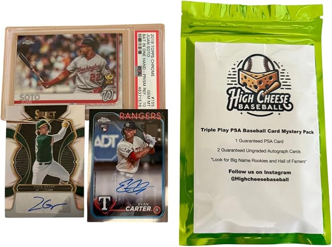 High Cheese Baseball Triple Play Mystery Pack with 1 PSA Graded Card 2 Autographed Baseball Cards