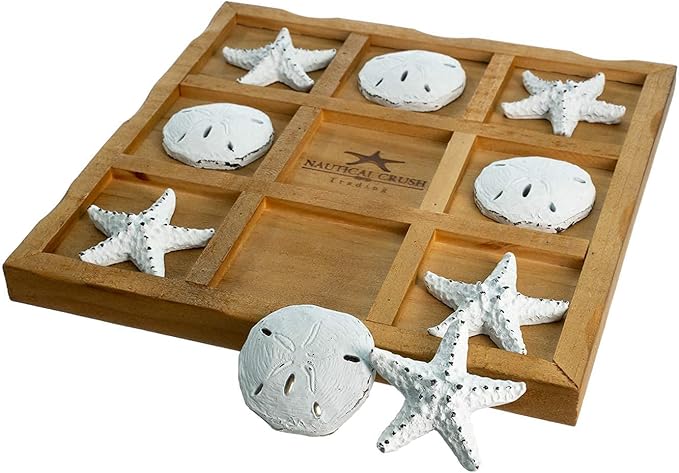 Starfish Tic Tac Toe Game - 9 x 9 - Beach Tic Tac Toe Game - Coastal Beach House Coffee Table Game Board - Tic Tac Toe Decor - Beach House Games - White Starfish &amp Sand Dollars