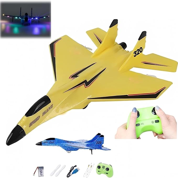 Remote Control Wireless Airplane Toy - 2.4Ghz Su-35 RC Plane Airplane Glider Plane Drone Foam RC Fighter Plane Jet with Lights Drop-Resistant Fighter Glider Remote Control Air Planes Toy (Yellow)