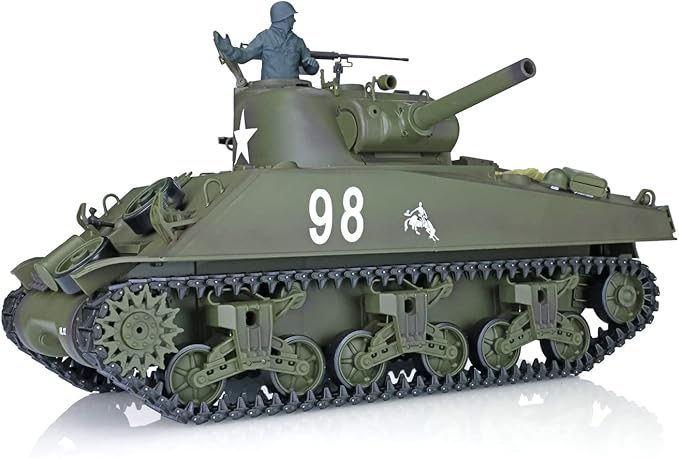 Heng Long US in Stock RC Tank 2.4G 1/16 Scale 7.0 Plastic Version M4A3 Sherman Smoking Unit Battle Tank Military Transport Vehicles 340° Rotating Turret IR Combat Model 3898 BB Airsoft