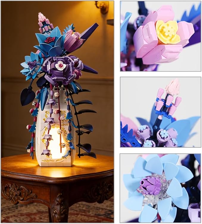 Flowers Bouquet Building Set Rose Compatible with Lego Flowers with vase Light for Adult Girl WomenBotanical Collection GothicMother's Day Easter Gifts Home Office Decor