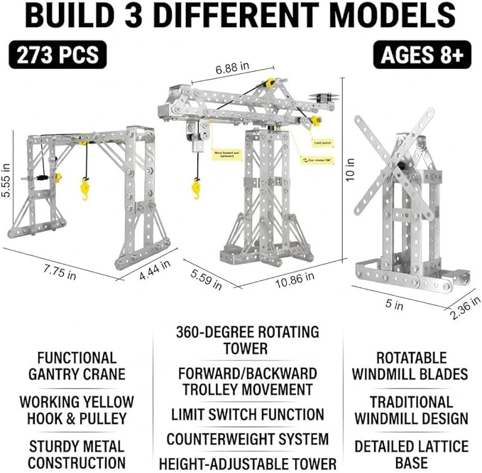 Metal Building Toys 273pcs 3 in 1 Tower Crane &amp Frame Crane &amp Windmill Metal Model SetErector Sets for Boys Age 8-12DIY Building Stem Projects Toys for KidsBirthday Gifts for Model Crane F