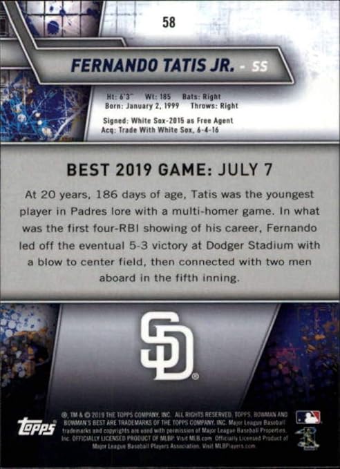 2019 Bowman's Best #58 Fernando Tatis Jr. RC Rookie San Diego Padres MLB Baseball Trading Card