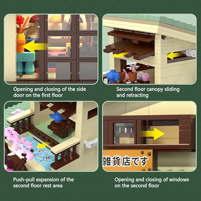 Japanese Cat's Grocery Shop Building Block Set MOC Modular Street View Series House with 1 Figure &amp LED Light Model House Idea Gift for Teens and Adults(921 pcs)