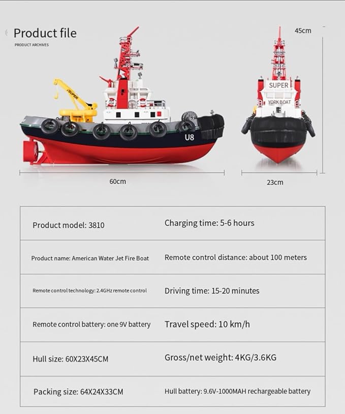 23.6 Inch 60CM US Remote Control Tug Boat RC Fireboat Rescure Boats 4CH Electric RC Watercraft 15km/h w/Powerful Motors Spaying Water on Lake Pool for 14Y+ Beginners RTR