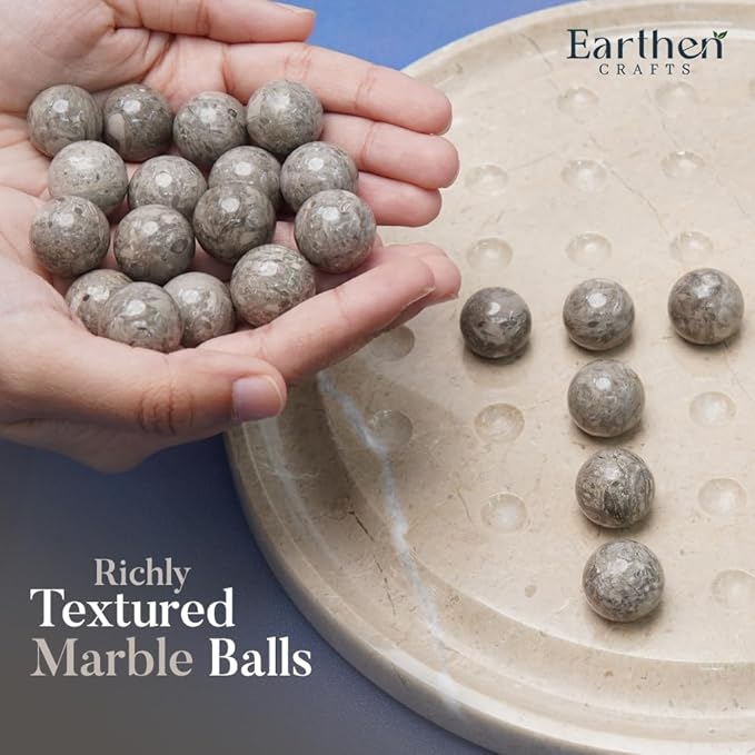 Marble Peg Solitaire Board Game 10 Inches Beige One Player Game Brain Teaser Puzzle with Oceanic Balls Tabletop Game for Family Only