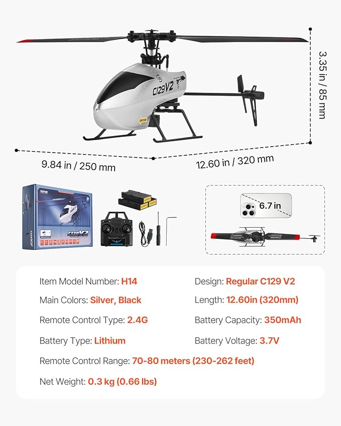 VEVOR RC Helicopter 2.4GHz Single Propeller Remote Control Helicopter with Gyro 4-Channel RC Airplane for Beginner 39 Min Flight Time One-Key Takeoff/Landing Toys for Kids Ages 8 and up