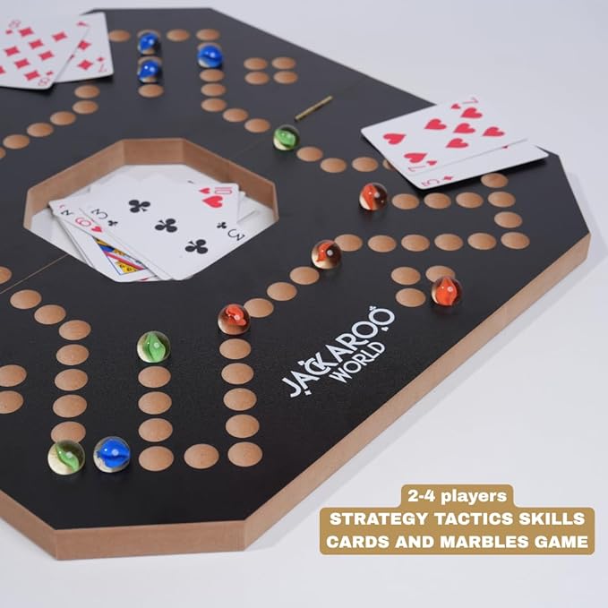 Jackaroo Board Game 2-4 Player Cards and Marbles Board Game Solid Wooden Game with 16 Glass Marbles and 52 Cards Marble Strategy Game Jokers and Marbles Game Foldable Board with Carry Bag (Black)