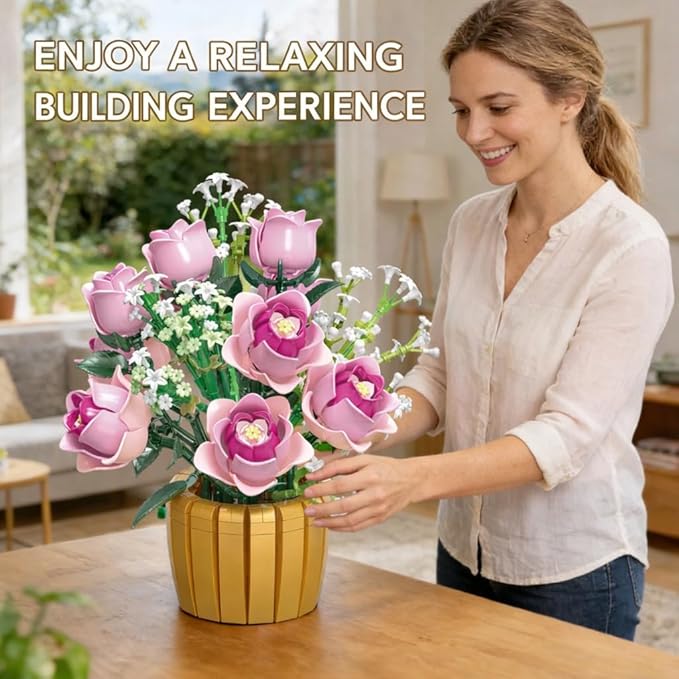 Pink Rose Flower Building Set Botanical Flower Bouquet Building Blocks with Pot DIY Artificial Flowers Decor for Home Office Room Gift for Teens Adults 1059 PCS