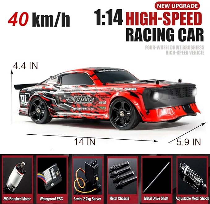 RC Drift Car with Gyro 1/14 Hobby RC Car Off Road Fast Remote Control Truck Drifting 4WD High Speed 40 KM/H with 390 Motor Gyroscope Proportional Control Metal Chassis Ball Bearing
