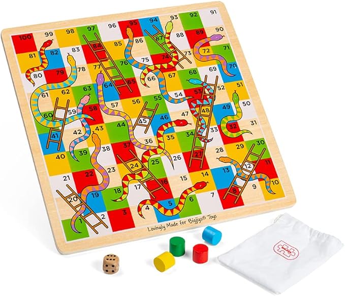 Bigjigs Toys Traditional Snakes and Ladders Game | 4 Player Wooden Board with Counters &amp Dice | Family Toy for Kids &amp Adults | Educational Tool for 3+ Year Old Children | Classic