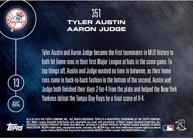 MLB Topps Now Card 351NY Yankees Tyler Austin/Aaron Judge Trading Card