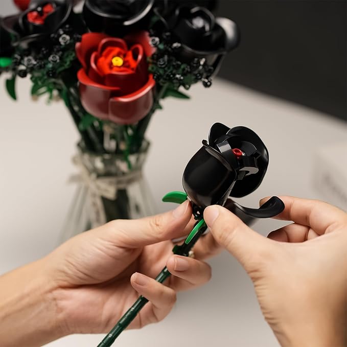 ENJBRICK 12 Pack Gothic Black Roses Building Set Compatible with Lego Red &amp Black Flower Bouquet with Baby's Breath Unique Romantic Gifts for Women Aesthetic Home Decor