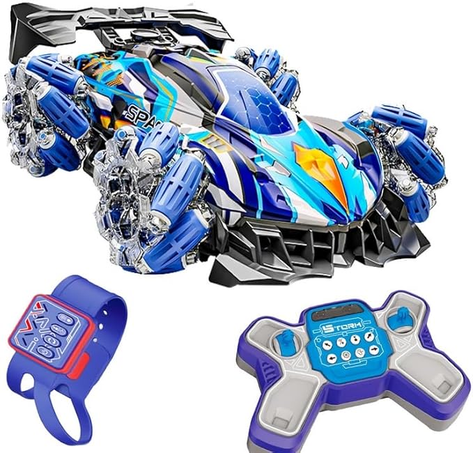 Gesture Sensing RC Stunt Car with Lights &amp Music Hand Gesture Remote Control Toy with 360° Spins Mist Spray (Blue)