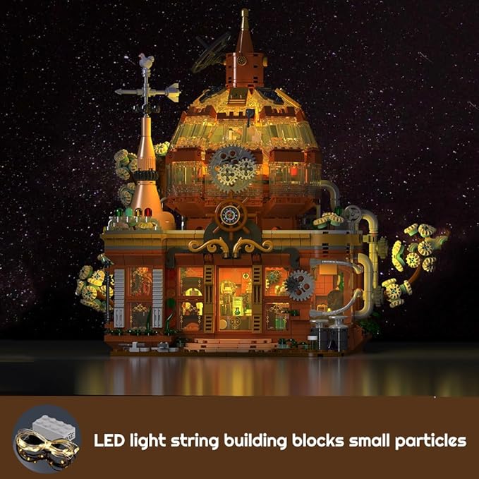Steampunk Magic Shop Building Blocks Set – LED Lighted Model with Rich Details with Mechanic PartsMOC Architecture Toy Display for Adults &amp Teens(1842 Pcs)