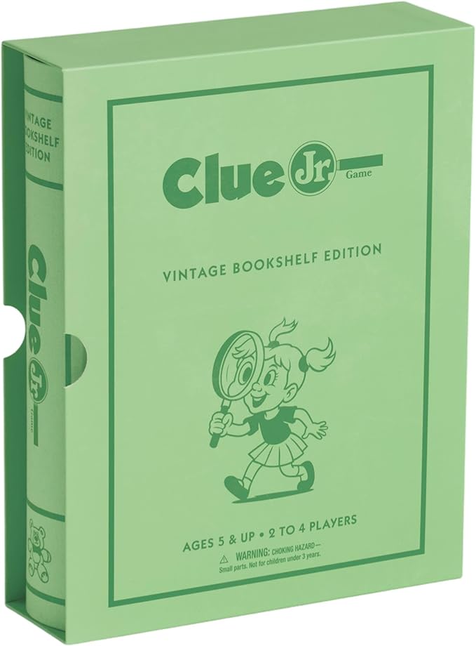 WS Game Company Clue Jr. Vintage Bookshelf Edition: The Case of the Hidden Toys – Linen Fabric Wrapped Book Storage Case – Clue Junior Mystery Board Game for Kids and Families (2-4 Players Ages 5+)