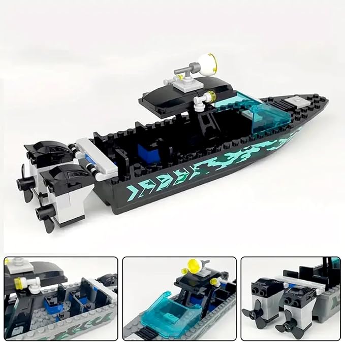 City Coast Guard Boat and Ships Building Blocks Sets Police Boat Rescue Boat Guard Boat Patrol Boats Fishing Boat and Rescure Helicopter Fun Gifts for Boys and Girls (Speed Boat)