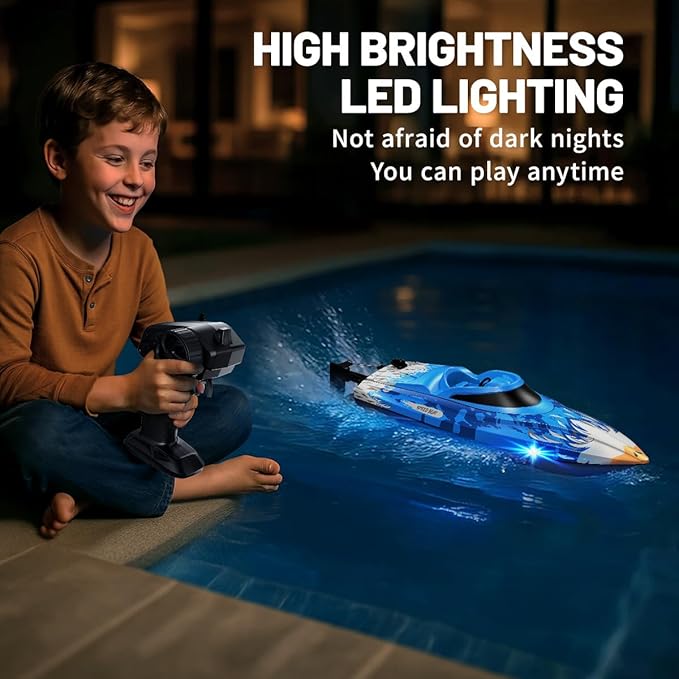 RC Boat 25KM/H High Speed Waterproof Remote Control BoatWater Cooling 2.4GHz Remote 2 Batteries LED Lights One-Key Flip Low Battery &amp Out-of-Range Alarm Pool &amp Lake Racing for Kids &amp