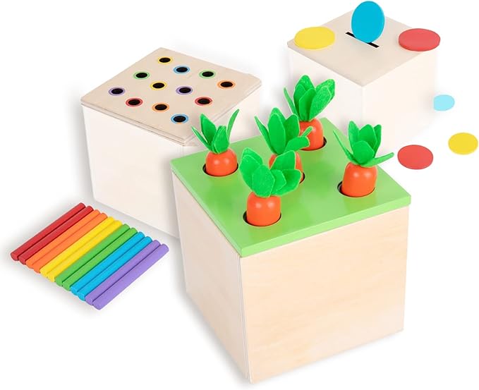 Adena Montessori 3 for 1 Wooden Montessori Play Kit Baby Toysincludes Matchstick Color Drop GameCarrot Harvest Game and Coin BoxLearning Toy for Kid 123 Year OldGirl Boy Gift for Baby 6-12 Month