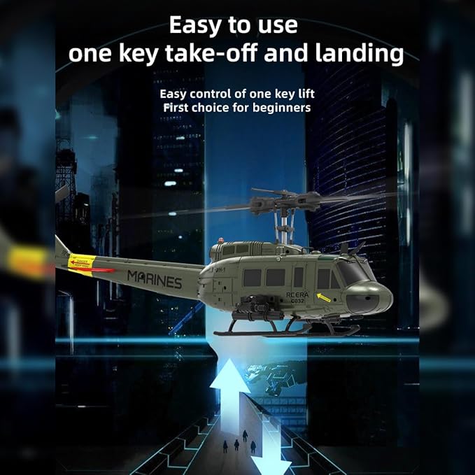 C032 UH-1 Huey RC Helicopter for Adults - 1/48 Scale 2.4G 6CH Flybarless Remote Control Helicopter Model 3D Stunt Flight &amp High-Precision RC Airplane (Shark Mouth(1 Battery))