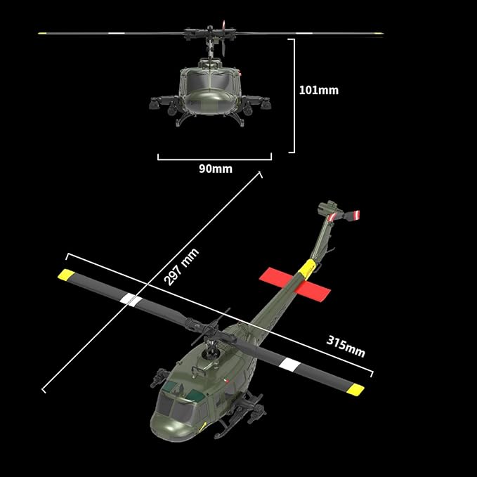 315MM UH-1 Remote Control Helicopter Aircraft for Adults Expert 6CH C032 RC Heli Maintain Altitude Brushless Motor/Optical Flow Positioning/Fly Upside Down 3D Rolling (RTF 3-Batteries)