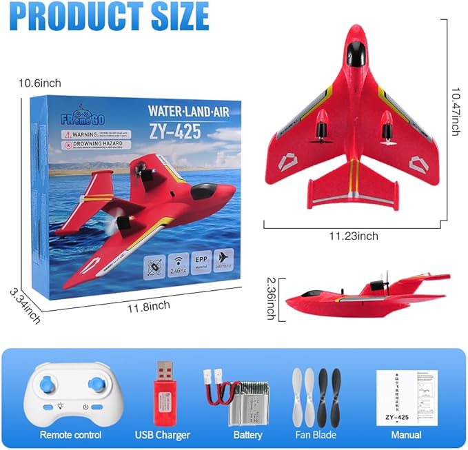 RC Water PlaneRC Airplane for Water Land and Air Remote Control Airplane Flying Fighter Toys2.4GHz 6-axis Gyro Stabilizer RTF Glider Aircraft Jet for Kids Adults Beginners Boys (Red)