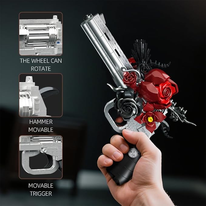 Guns &amp Petals Decorative Revolver Building Blocks with Red Roses Silver and Black Colored Art Sculpture Gothic Style Display Piece