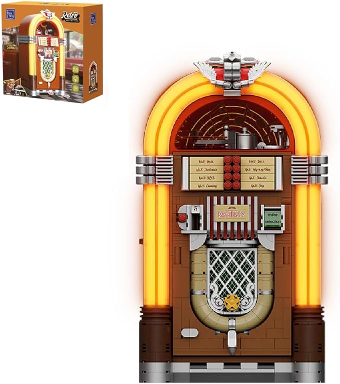 PANTASY Retro Jukebox Building Kit with Coin &amp Sound Function Mechanical Music Box Model with Acrylic Records Recording Studio &amp Minifigure Collectible Construction Toy Gift for Adults and