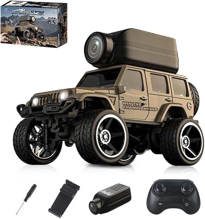 1:64 Full-Scale Die-Cast RC Car with Camera KF32 Mini 4WD Desktop Off-Road Crawler Remote Control Racing Vehicle Model(Yellow)