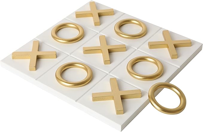 NIKKY HOME 12x12 Inch Tic Tac Toe Wood Game Board Classic Coffee Table Decor Modern Wooden Travel Game for Family White &amp Gold