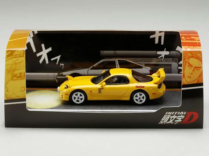 RX-7 (FD3S) RHD (Right Hand Drive) Yellow RedSuns with Keisuke Takahashi Driver Figure (Version 2) Initial D (1995-2013) Manga 1/64 Diecast Model Car by Hobby Japan HJ645007DA