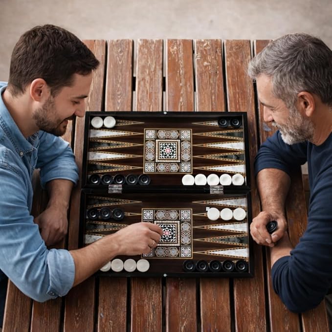 Park&ampOz Pearl Premium Turkish Backgammon and Checkers Set 19 Inch Handmade 2 in 1 Wooden Board Game with Glossy Finish Luxury Checkers and Dice Travel Friendly and Foldable