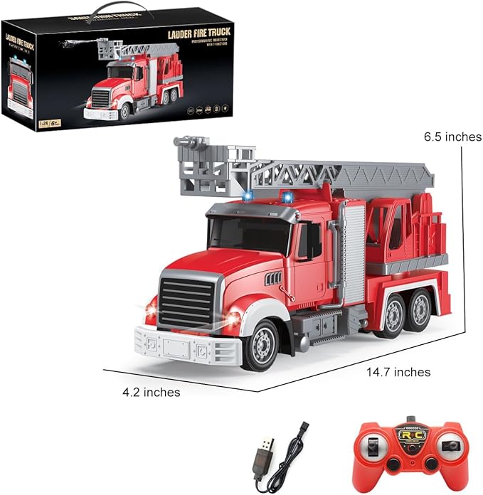 9 CH Remote Control Fire Truck Rc Fire Truck Toy Fire Truck with Lights Working Water Pump and Rotating Rescue Ladder 2.4G Firetruck Toy for Kids Boys Age 6-8 Gift