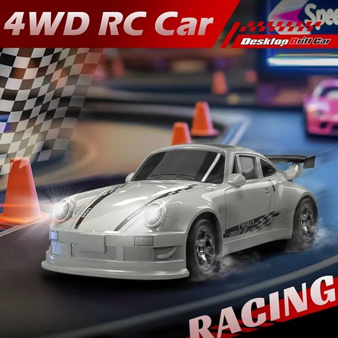 1/64 Scale 2.4G High Speed Drift RC Car Remote Control Drift 4WD Mini Lights System Desktop Drift Car for Adults (White)