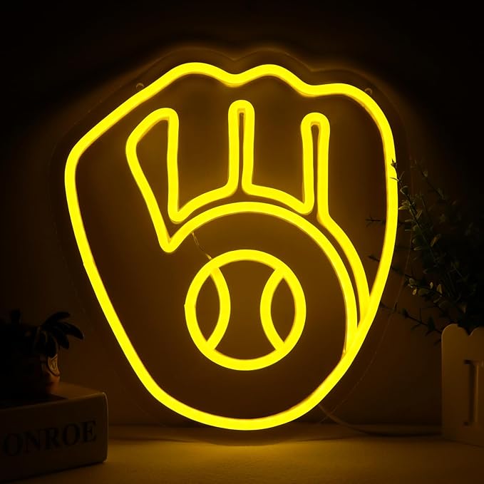 Balanar Baseball Neon Signs for Garage or Man Cave Decor Gifts With Milwaukee Basebll or Rugby Team Logo Yellow Baseball Neon for Parties BarsDorms Office Wall Art and Game Room Decor