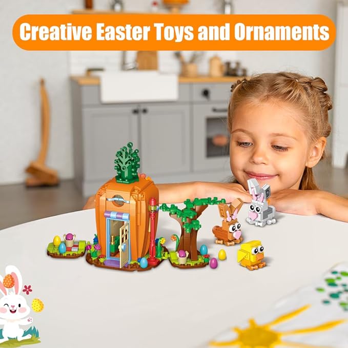 Easter Bunny Carrot House Building Set 2 Rabbits Chick Colorful Easter Egg and Basket Toy Building Blocks Kit Ornaments Gift for Boys Girls Adults
