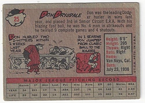 Don Drysdale Collectible Baseball Card - 1958 Topps Baseball Card #25 (Los Angeles Dodgers) Free Shipping